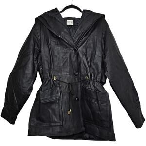 Vintage Liz Baker Black Women's Leather Jacket Size Medium 90s Quilted Hooded